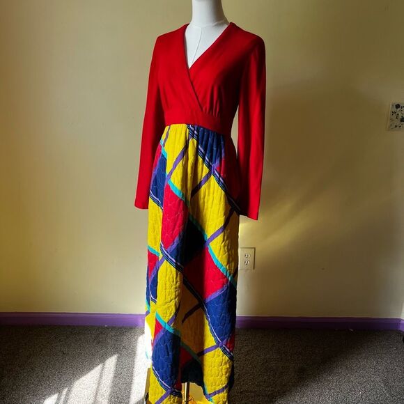 Handmade Vintage Maxi Dress Quilted Skirt Small Colorblock Patchwork Cottagecore - Picture 7 of 9